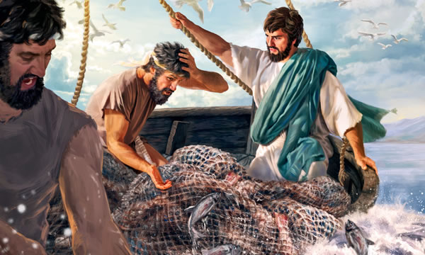 Kadua ni Jesus da Pedro ken Andres iti bangka, idi mangrugin a lumned gapu iti kadagsen ti adu nga ikan