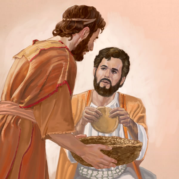 Ig-iggaman ti maysa a lalaki ti basket bayat a pispisien ni Jesus dagiti tinapay