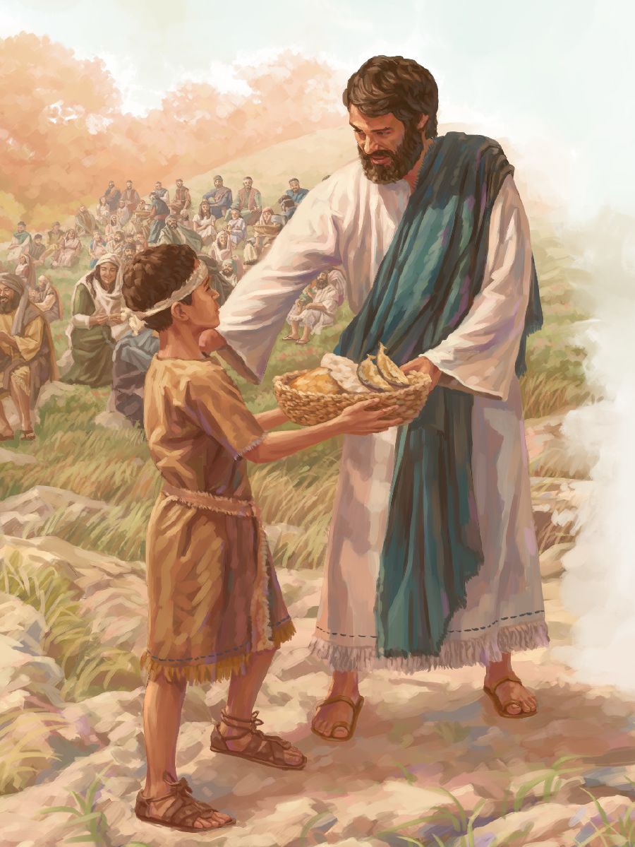 Iyaw-awat ti maysa nga ubing ken Jesus ti tinapay ken ikan a naikabil iti basket