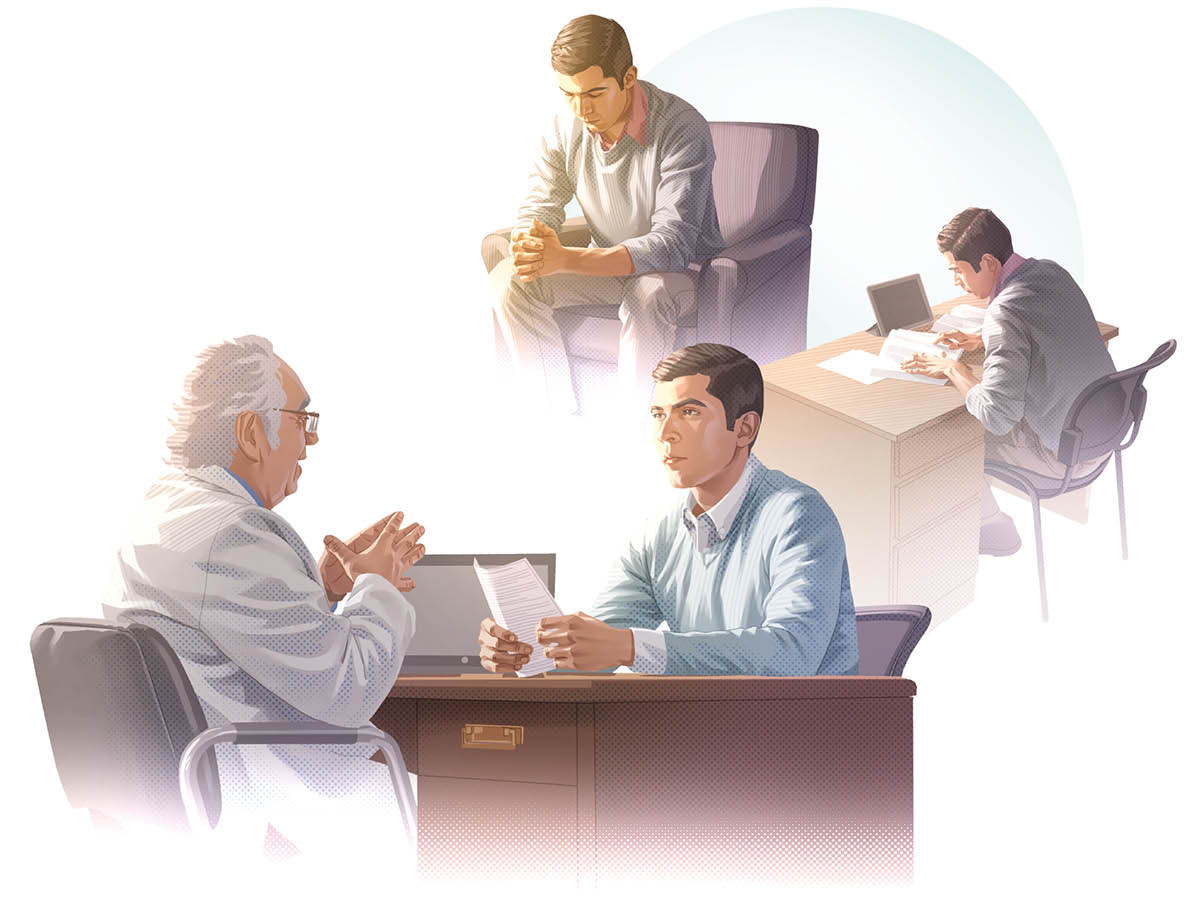 Collage: Lalaki nga agdesdesision maipapan iti pannakaagasna. 1. Agkarkararag. 2. Agres-research nga us-usarenna ti Biblia, dagiti naibatay-Biblia a publikasion, ken ti tablet-na. 3. Makisarsarita iti doktor.