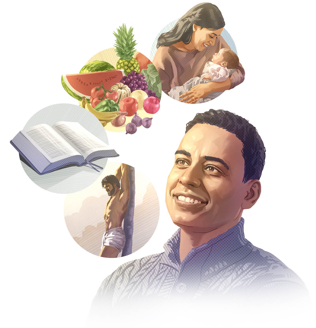 Collage: Lalaki a mangpampanunot kadagiti inted ti Dios kenkuana. 1. Ayat, a kas iti panagayat ti maysa nga ina iti anakna. 2. Naimas a makmakan, kas iti agduduma a prutas ken nateng. 3. Ti Biblia. 4. Ti subbot nga impaay ni Jesu-Kristo.