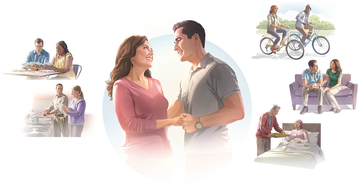 Agassawa nga aghol-holding hands bayat a kitkitaenda ti maysa ken maysa. Collage: Dagiti naragsak nga agassawa a mangar-aramid iti agduduma a pamay-an tapno bumileg ti panagasawada. Maulit dagiti eksena iti daytoy a leksion.