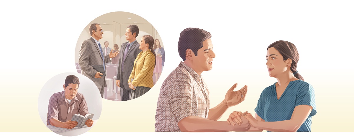 Collage: Dagiti mabalin a mangimpluensia iti isu met la nga asawa a lalaki nga agsao iti nasingpet ken baketna. 1. Agbasbasa iti Biblia. 2. Makisarsaritada ken baketna iti maysa a kabsat iti Kingdom Hall.