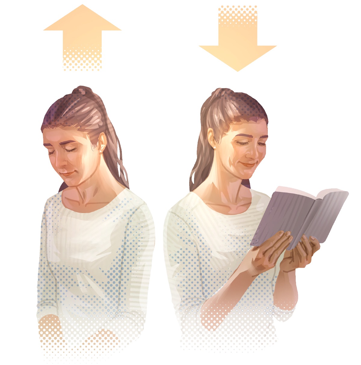 Collage: 1. Babai nga agkarkararag. Nakatudo a pangato ti arrow nga adda iti ngato ti ulona. 2. Babai nga agbasbasa iti Biblia. Nakatudo a pababa ti arrow nga adda iti ngato ti ulona.