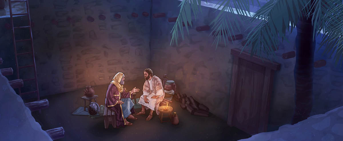 Ni Jesus ken Nicodemo nga agtungtungtong iti rabii iti maysa a paraangan.