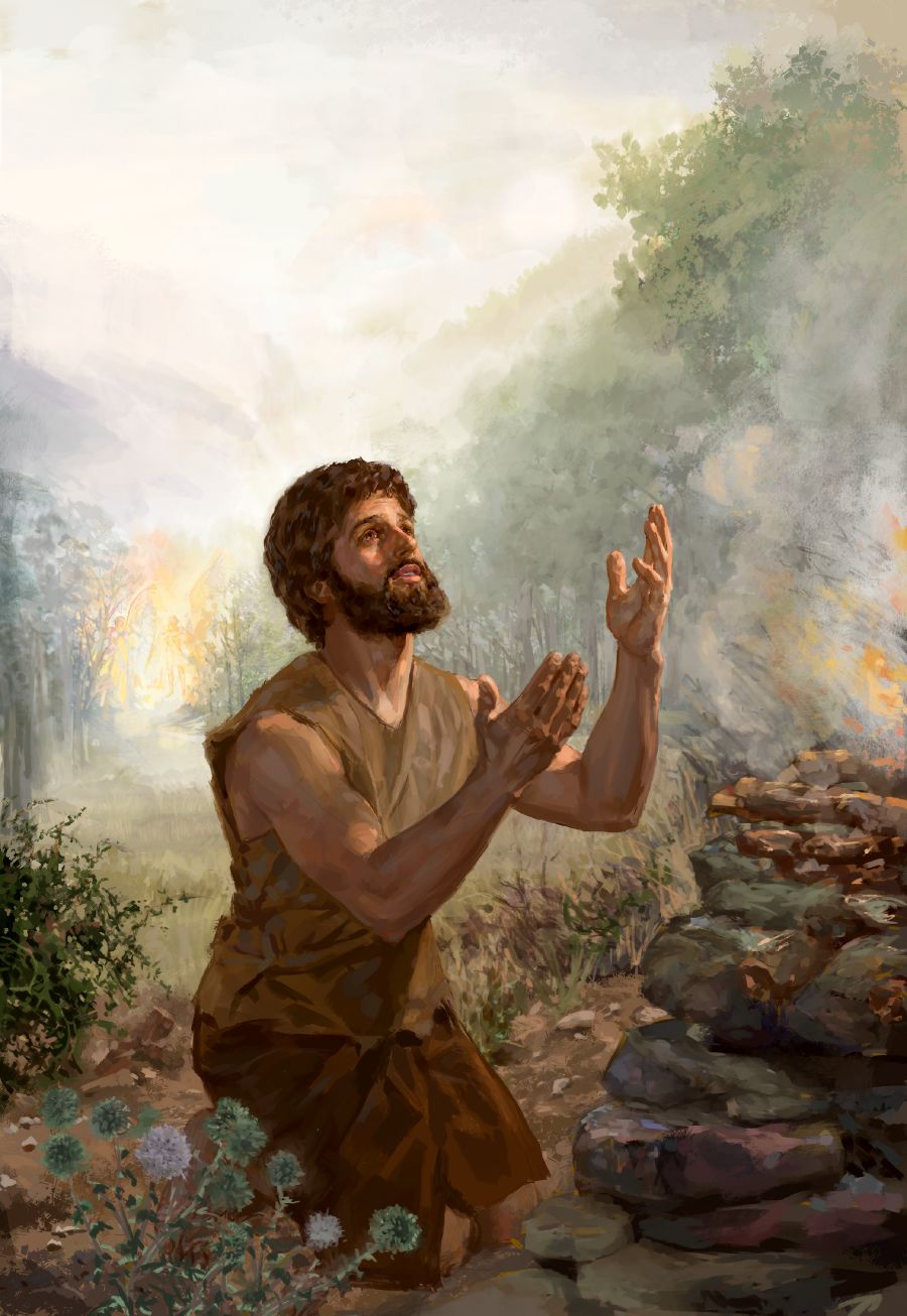 Ni Abel, iti sango ti altar, bayat nga ipapaayna ti datonna ken Jehova. Iti likudanna, bambantayan dagiti kerubin ti pagserkan iti hardin ti Eden.