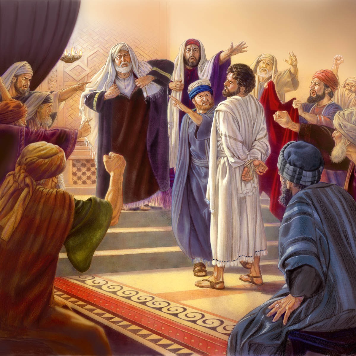 Maysa a Judio a lider ti relihion a mangtungtungpa ken Jesus bayat a kitkitaen dagiti miembro ti Sanhedrin. Dadduma kadakuada ti mangilaylayat iti gemgemda, mangitudtudo ken Jesus, ken agpukpukkaw a siuunget kenkuana.