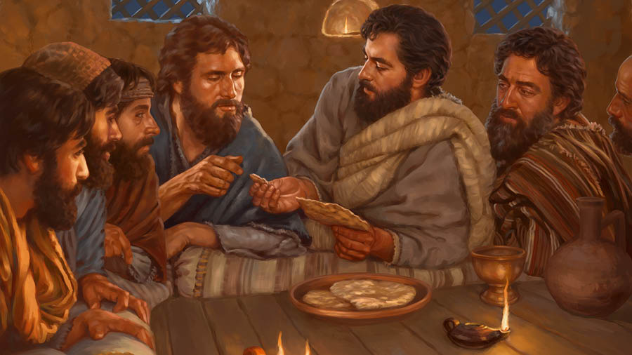 Ni Jesus a mangpispisi iti tinapay ken mangipaspasa iti dayta kadagiti apostolna bayat a nakasadagda iti lamisaan.