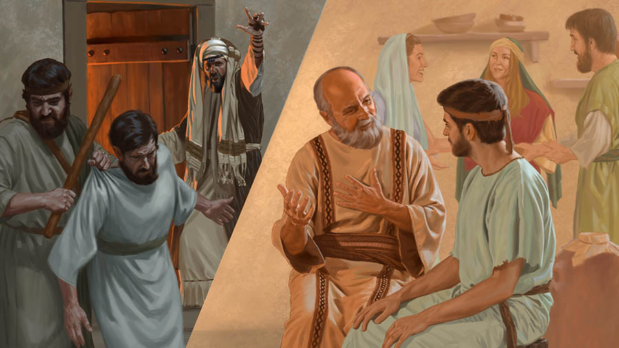 Collage: 1. Ni Pablo idi Fariseo pay laeng ibilbilinna a maaresto ti maysa a Kristiano. 2. Ni Pablo idi maysan a Kristiano parparegtaenna ti maysa nga agtutubo a kabsat.