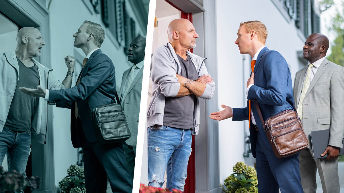 Collage: Agduma nga eksena iti ministerio. 1. Ti immuna a ladawan ti brother a nagsao iti makapasakit iti nakaunget a bumalay. 2. Brother a naimbag ti pannakisaritana iti nakaunget a bumalay.