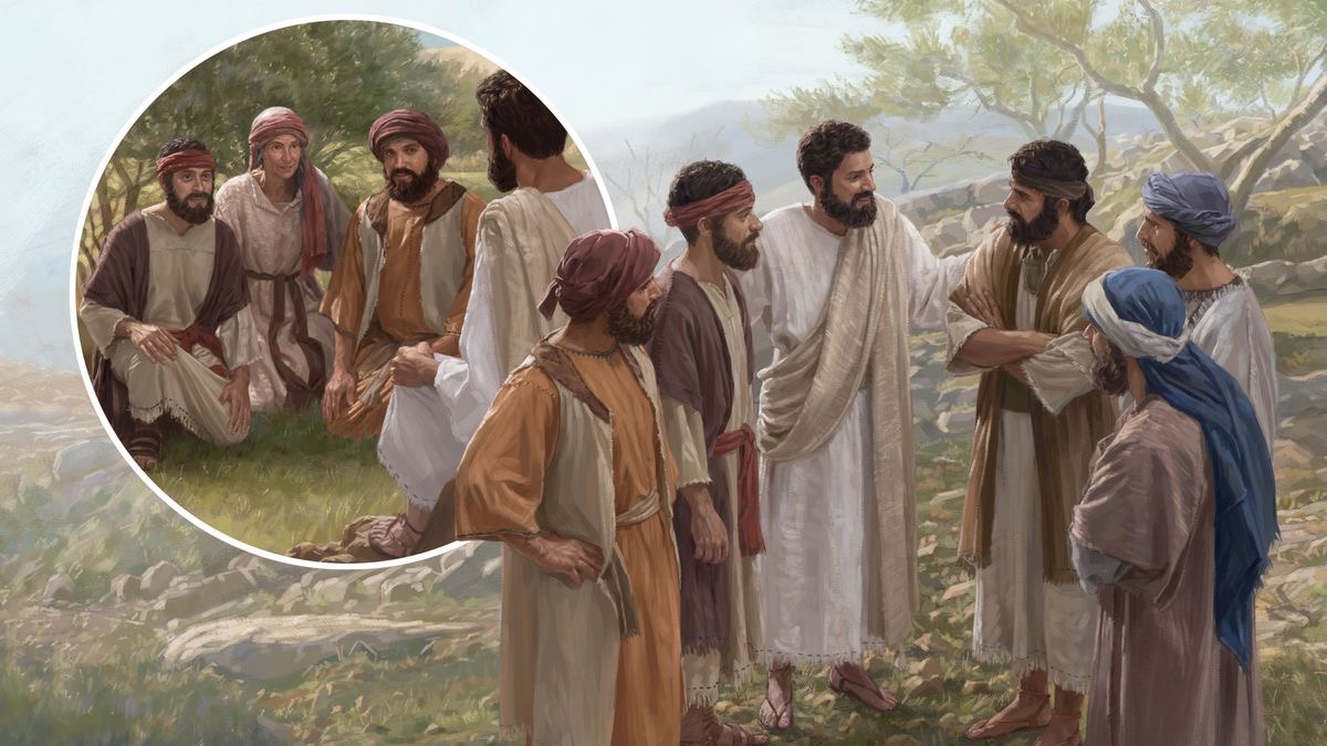 Nasingpet a makisarsarita ni Jesus kadagiti adalanna. Iti nagtimbukel a ladawan, makita da Santiago, Juan, ken ti nanangda a makisarsarita ken Jesus.