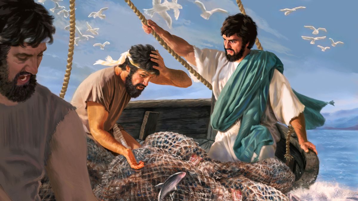 Ni apostol Pedro a mabutbuteng ken masmasdaaw bayat a dandanin lumned ti bangkana gapu ta napunno dagiti iketda iti ikan. Dumdumngeg a naimbag ni Jesus ken Pedro bayat a marigrigatan ti sabali a lalaki a mangguyguyod kadagiti iket.