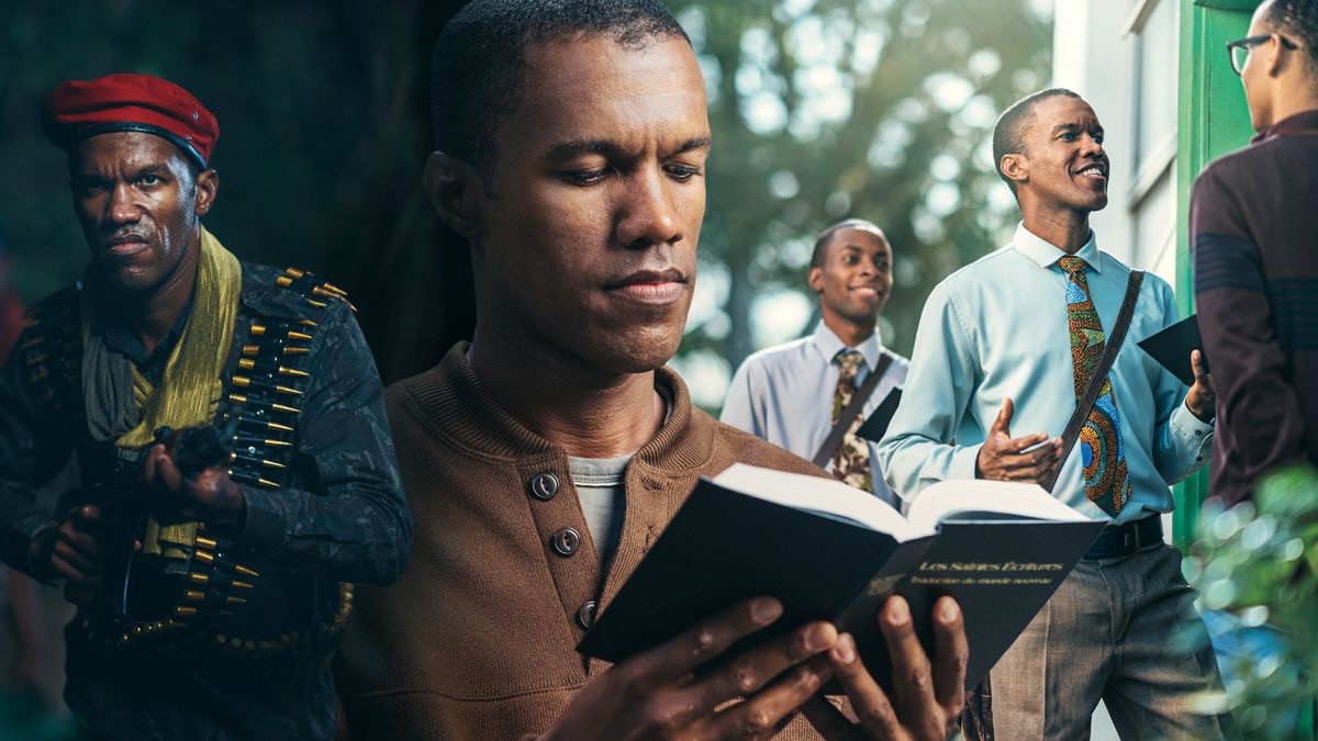 Collage: Brother a nangyakto ken Jean. 1. Nakaiggem iti paltog ken nakaabaday kadagiti bala. 2. Basbasaenna ti Biblia. 3. Makisarsarita iti maysa a lalaki iti pangasabaan.