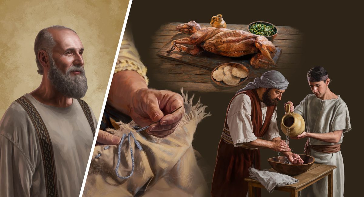 Collage: Ni apostol Pablo ken ti tallo nga “aramid” a kidkiddawen ti Mosaiko a Linteg. 1. Idadait ti maysa a tao ti asul a sinulid iti gayadan ti bado. 2. Makan iti Paskua: natuno a karnero, di nalebaduraan a tinapay, ken napait a natnateng. 3. Lalaki nga agbugbuggo iti imana; ibuybuyat ti maysa pay a lalaki ti danum a pagbugbuggona.
