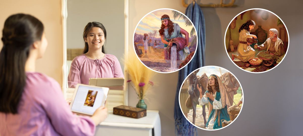 Collage: Agtutubo a sister a kumitkita iti sarming ken ut-utobenna ti nabasana iti publikasiontayo. Dagiti babassit a ladawan: 1. Ni Rebecca a mangibukbukbok iti danum nga inumen dagiti kamelio. 2. Ni Ester a mangmangted iti makan ni Mardokeo. 3. Ni Abigail a nakaparintumeng ken agpakpakaasi tapno saan isuna a mapapatay ken ti sangakabbalayanna.