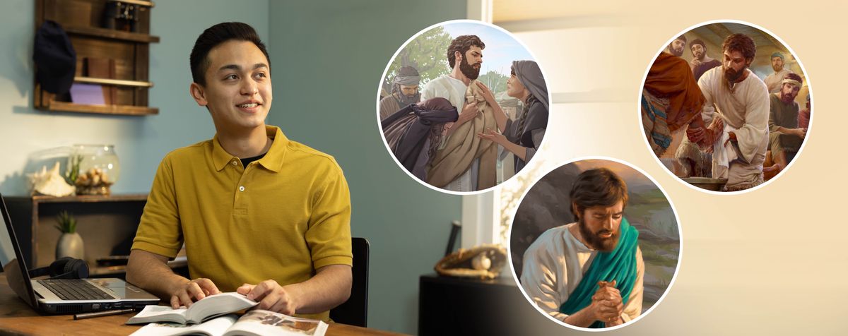 Agtutubo a brother nga agut-utob bayat ti personal a panagadalna iti Biblia. Collage: 1. Nakipagsangit ni Jesus kada Marta ken Maria. 2. Agkarkararag. 3. Bugbugguanna ti saka ti maysa kadagiti apostolna.