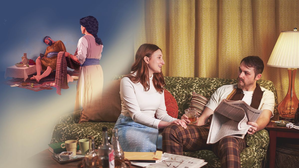 Collage: 1. Ni Abigail a mangip-ipan iti ules ken Nabal a naimas ti turogna iti tugaw. 2. Sister a sidudungngo a makisarsarita iti saan a Saksi nga asawana. Nakatugawda iti sofa ken nakaiggem ni lakayna iti diario ken arak.
