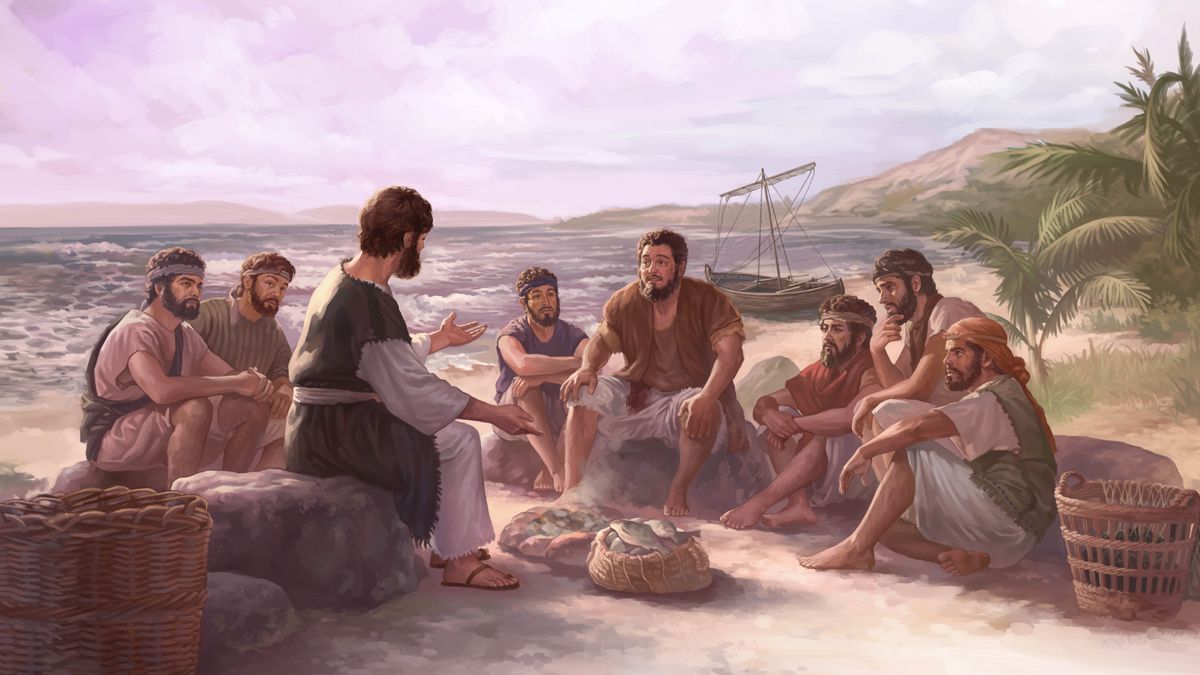 Ni Jesus a makisarsarita kadagiti adalanna iti igid ti baybay bayat a matuntuno dagiti ikan.
