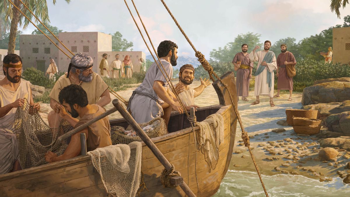 Dua a mangngalap a dumdumsaag iti bangka bayat nga aw-awisen ida ni Jesus a sumurot kenkuana. Nagbati ti dadduma a mangngalap iti bangka bayat nga ur-urnosenda dagiti iketda.
