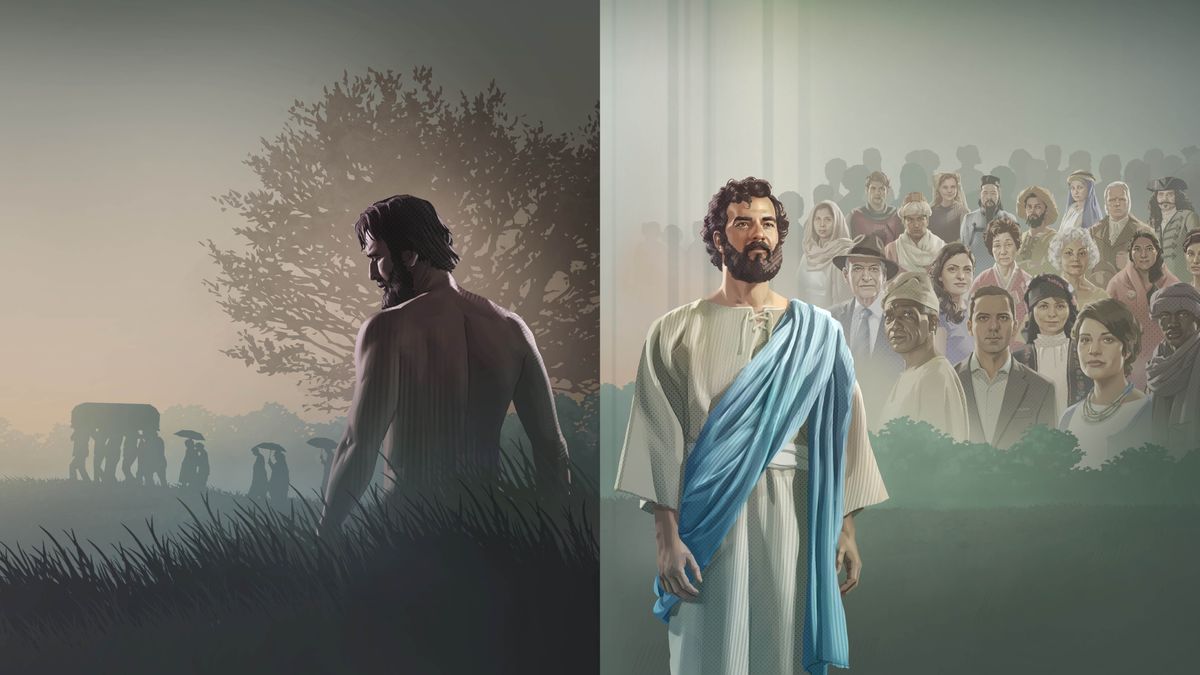Collage: 1. Ni Adan; iti sangona ket dagiti tattao a mangaw-awit iti lungon bayat a mapmapanda iti sementerio. 2. Ni Jesu-Kristo; iti likudanna ket dagiti tattao a nagduduma ti edad, kolor ti kudilda, kulturada, ken kasasaadda iti biag.
