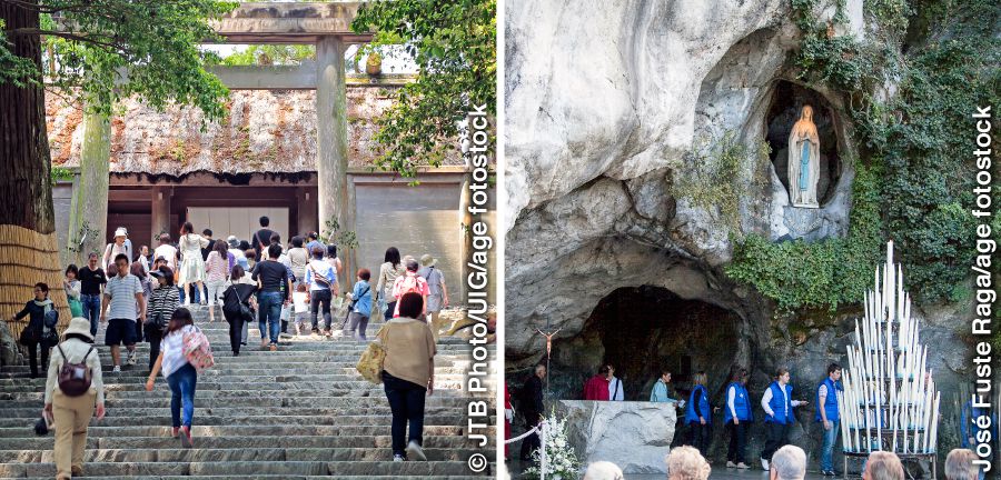 Dagiti mapmapan idiay Grand Shrine ti Ise, Japan, ken ti Grotto of Massabielle idiay Lourdes, France