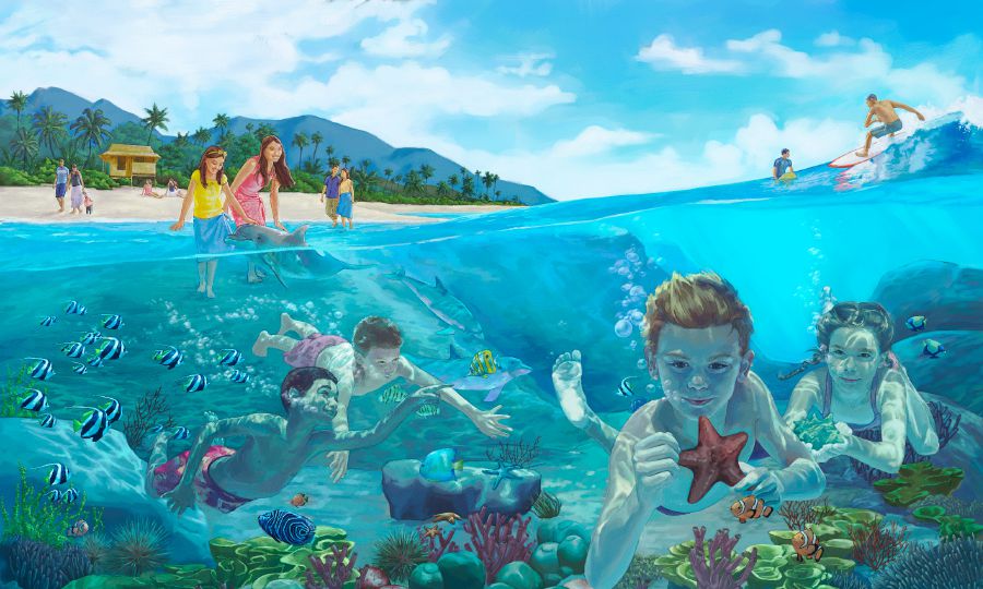 Orang-orang  menikmati keindahan pantai di Firdaus