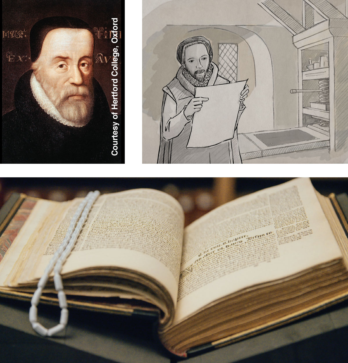 William Tyndale; William Tyndale di tempat percetakannya; salah satu edisi pertama Perjanjian Baru yang diterjemahkan oleh Tyndale