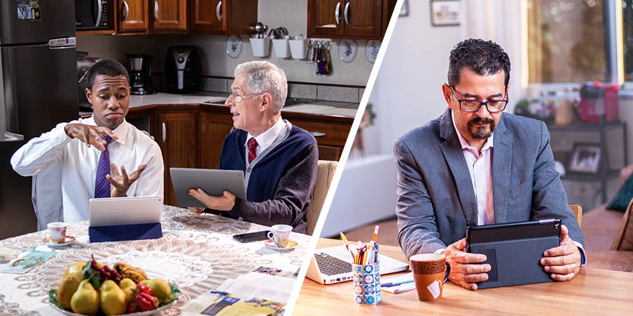 Keterangan gambar tentang seorang saudara muda yang melakukan kesaksian telepon bersama sepasang suami istri lansia. 1. Saudara muda itu menelepon seorang pebisnis. 2. Pebisnis itu mendengarkan baik-baik.