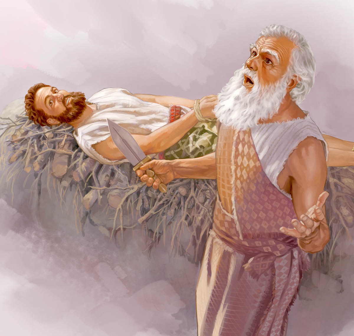 Keterangan gambar: 1. Abraham memegang pisau sambil memandang ke langit, sedangkan Ishak terbaring di mezbah. 2. Yesus digantung di tiang siksaan.