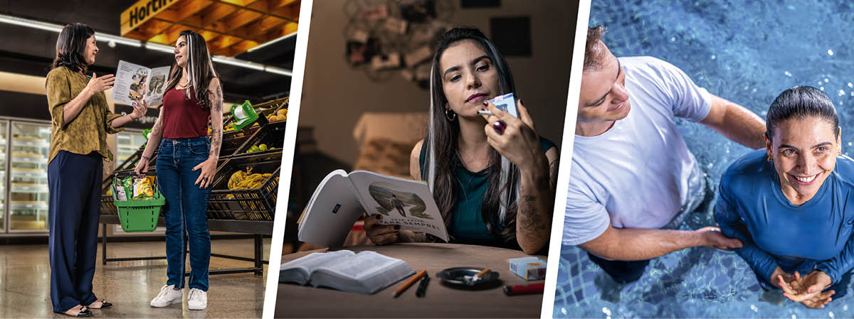 Gambar: 1. Di tempat belanja, seorang wanita muda menerima brosur ”Hidup Bahagia Selamanya!” dari seorang saudari. 2. Di rumah, wanita itu memikirkan kembali kebiasaan merokoknya waktu membaca buku ”Hidup Bahagia Selamanya!” 3. Dia dibaptis.