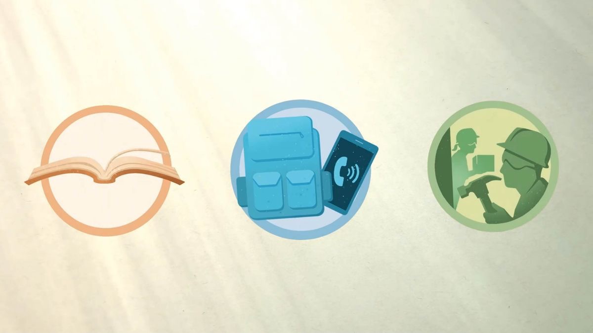 Salah satu gambar dari video ”Apakah Saudara Siap Menghadapi Bencana?” Ada gambar sebuah Alkitab, sebuah tas darurat dan HP, dan para relawan pembangunan.