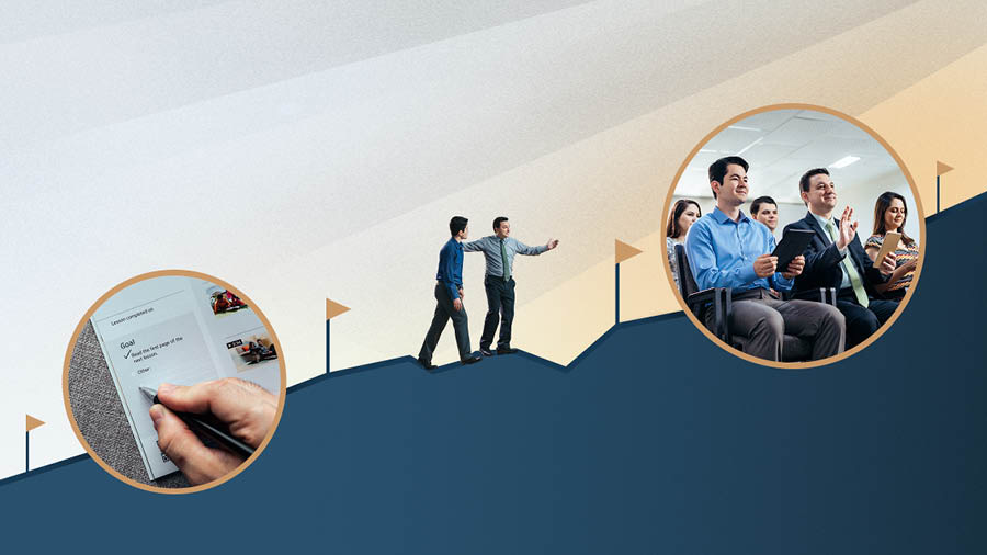 Seorang saudara dan pelajar Alkitabnya sedang berjalan mendaki bukit, dan mereka melewati beberapa penanda di sepanjang jalan. Kumpulan foto: 1. Pelajar Alkitab itu menulis tujuan yang mau dia raih di buku ’Hidup Bahagia Selamanya!’ miliknya. 2. Pelajar itu datang berhimpun.