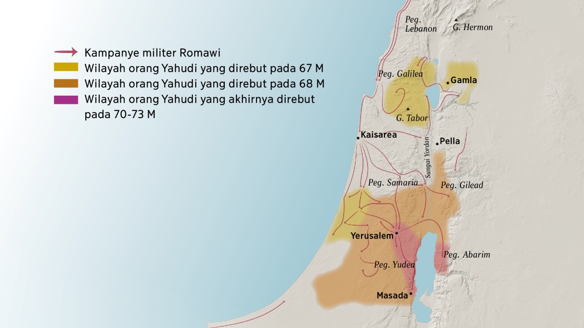Sebuah peta yang menunjukkan beberapa pegunungan dan kota di Israel pada abad pertama. Di sebelah utara Yerusalem, terdapat Pegunungan Lebanon, Pegunungan Galilea, Pegunungan Samaria, Pegunungan Gilead, Gunung Hermon, dan Gunung Tabor. Kota-kota yang ada di sebelah utara Yerusalem adalah Gamla, Kaisarea, dan Pella. Di selatan Yerusalem, terdapat Pegunungan Yudea, Pegunungan Abarim, dan kota Masada. Peta ini juga menunjukkan jalur kampanye militer Romawi dan wilayah orang Yahudi yang direbut dari tahun 67-73 M.