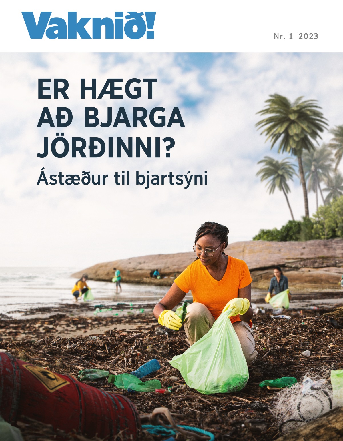 Hópur af fólki safnar saman rusli af sjávarströnd.