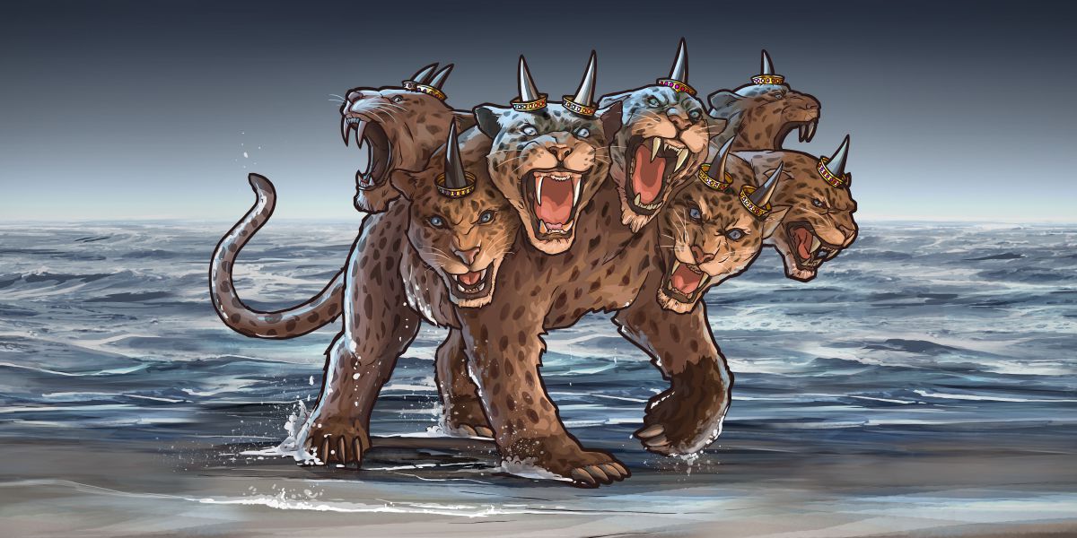 Villidýr með sjö höfuð og tíu horn kemur upp úr hafinu. Það lítur út eins og hlébarði, fæturnir eru eins og bjarnarfætur, það hefur ljónsgin og á hornum þess eru tíu kórónur.