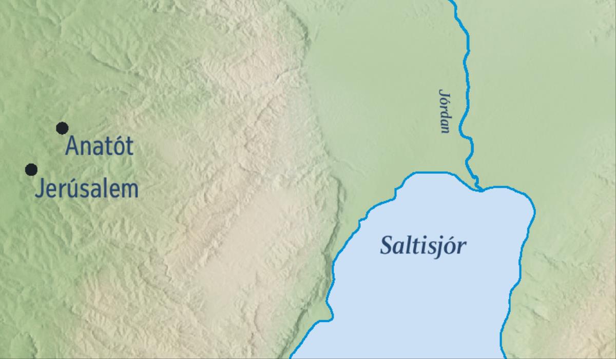 Kort sem sýnir Jerúsalem og heimabæ Jeremía, Anatót
