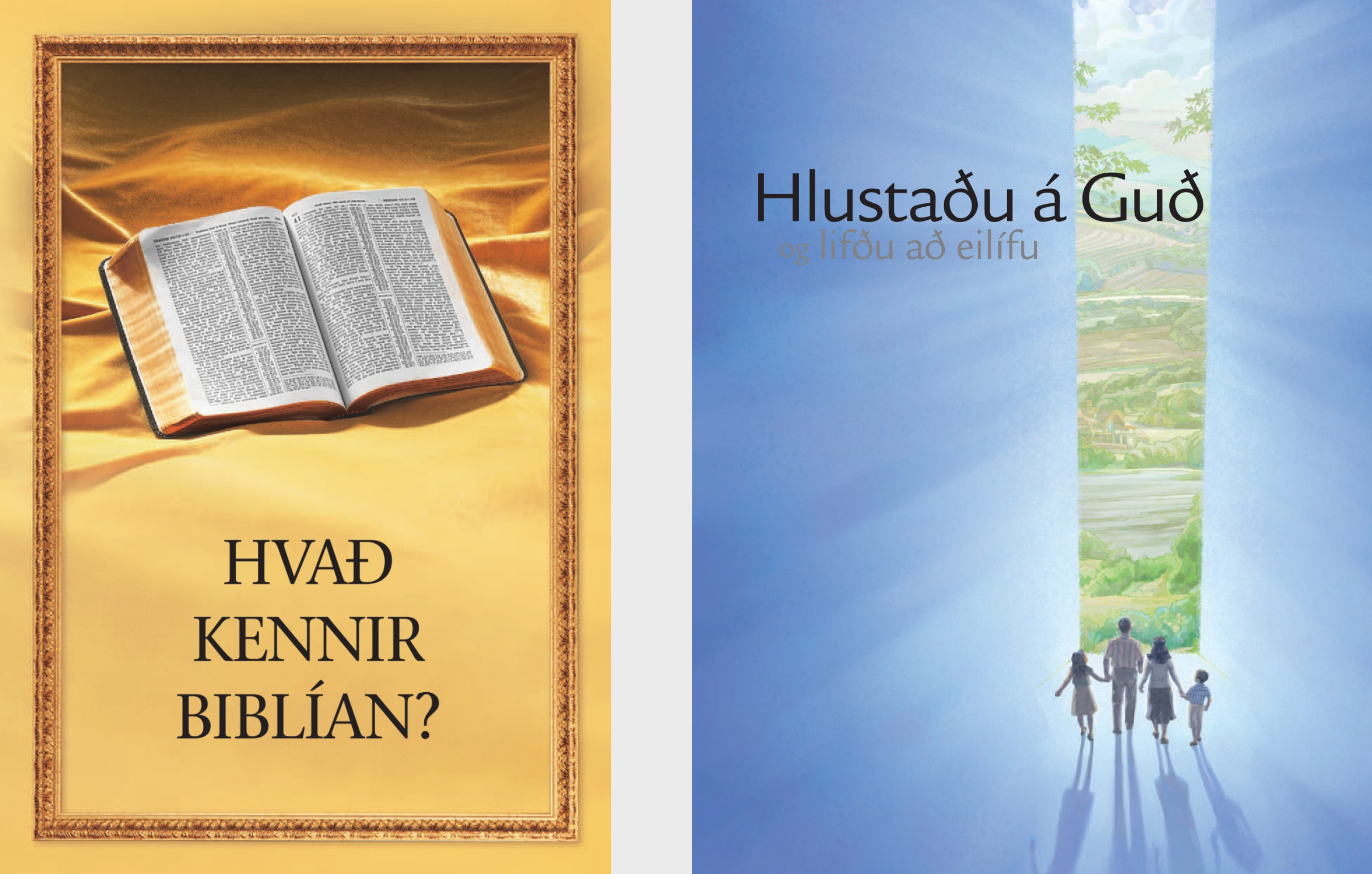 Bókin ‚Hvað kennir Biblían?‘ og bæklingurinn ‚Hlustaðu á Guð og lifðu að eilífu‘.