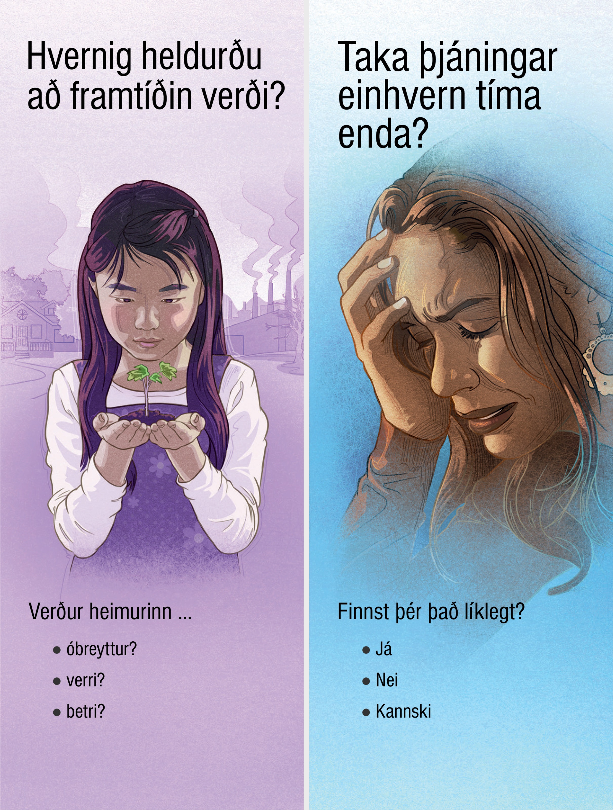 Smáritin „Hvernig heldurðu að framtíðin verði?“ og „Taka þjáningar einhvern tíma enda?“