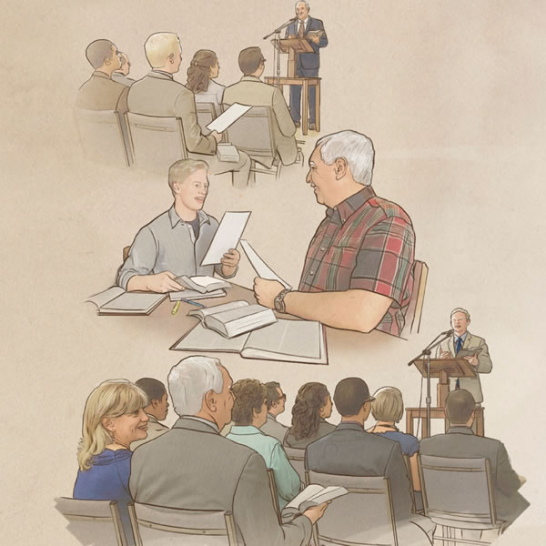 1. Öldungur flytur opinberan fyrirlestur; 2. Öldungur hjálpar safnaðarþjóni; 3. Safnaðarþjónn flytur opinberan fyrirlestur.