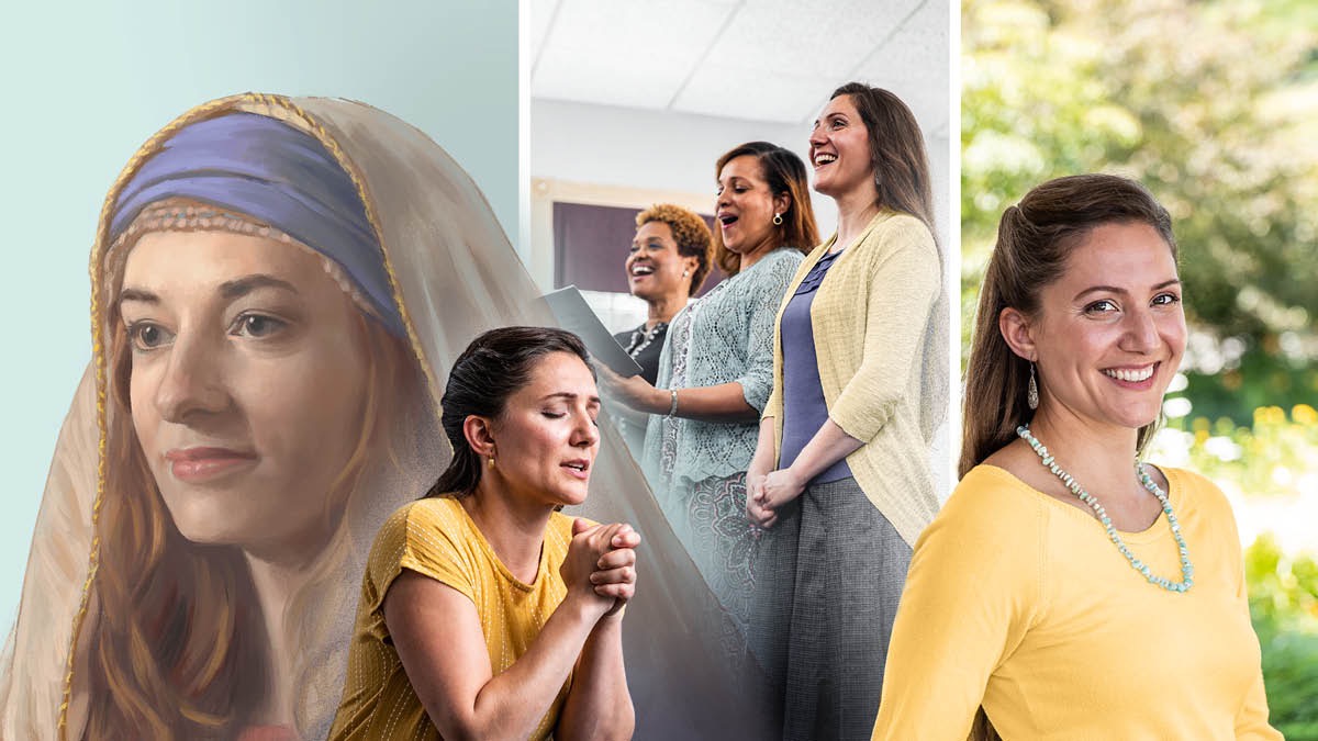 Klippimynd: 1. Hanna brosir og hefur augljóslega innri frið. 2. Systir biður innilega til Jehóva. 3. Sama systir syngur glaðlega á samkomu. 4. Systir brosir og endurspeglar innri frið.