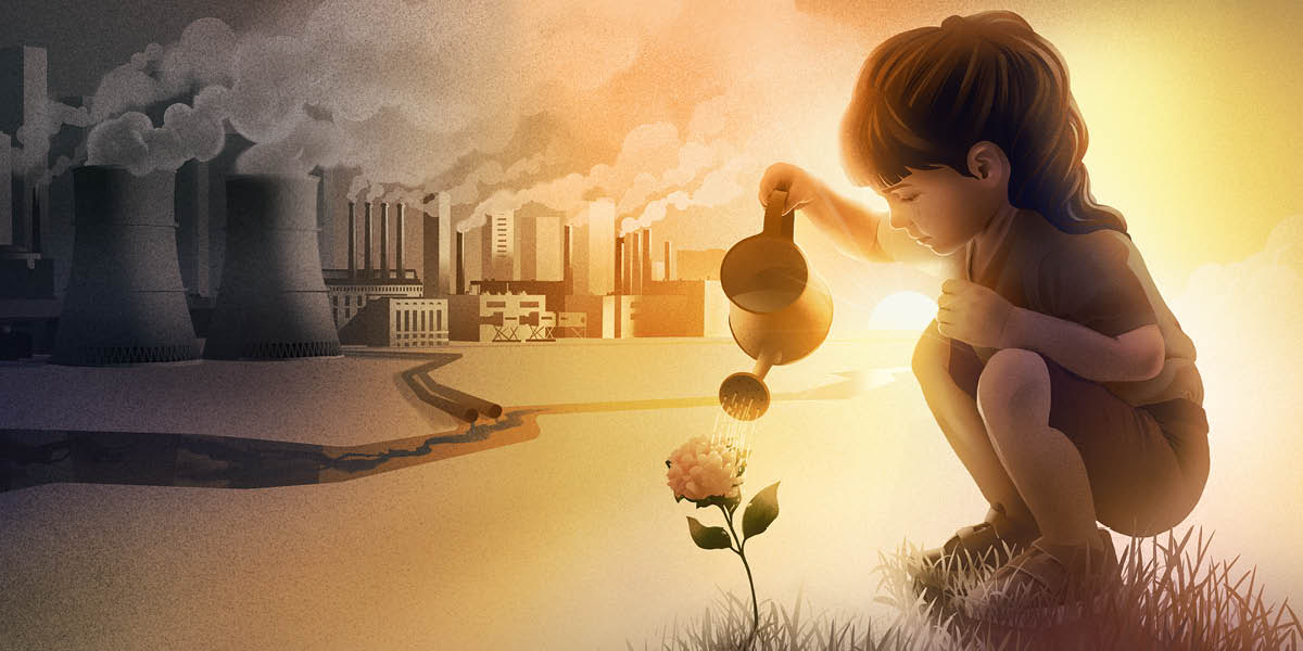 Una bambina innaffia un fiore. Sullo sfondo si vedono fabbriche che inquinano l’ambiente.
