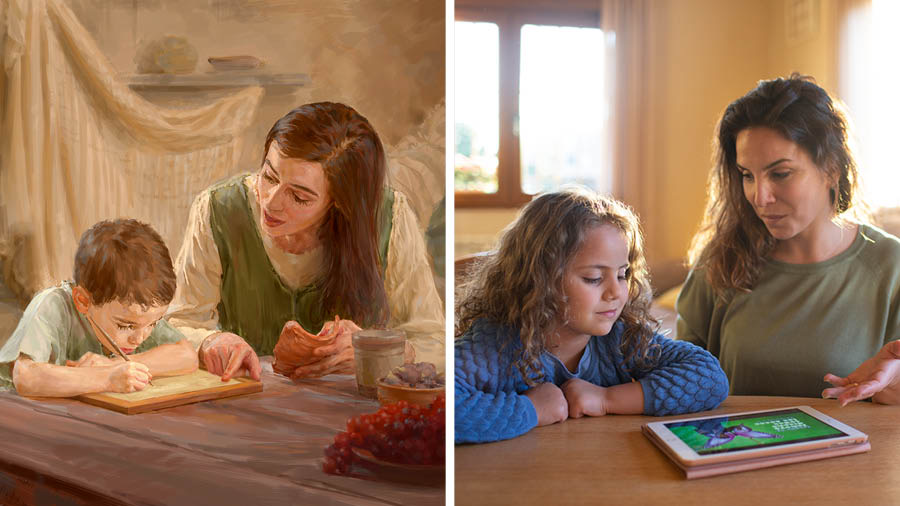 Collage: 1. Maria aiuta il piccolo Gesù a copiare un passo delle Scritture su una tavoletta. 2. Una madre usa una pubblicazione adatta ai bambini per insegnare qualcosa dalla Parola di Dio a sua figlia.