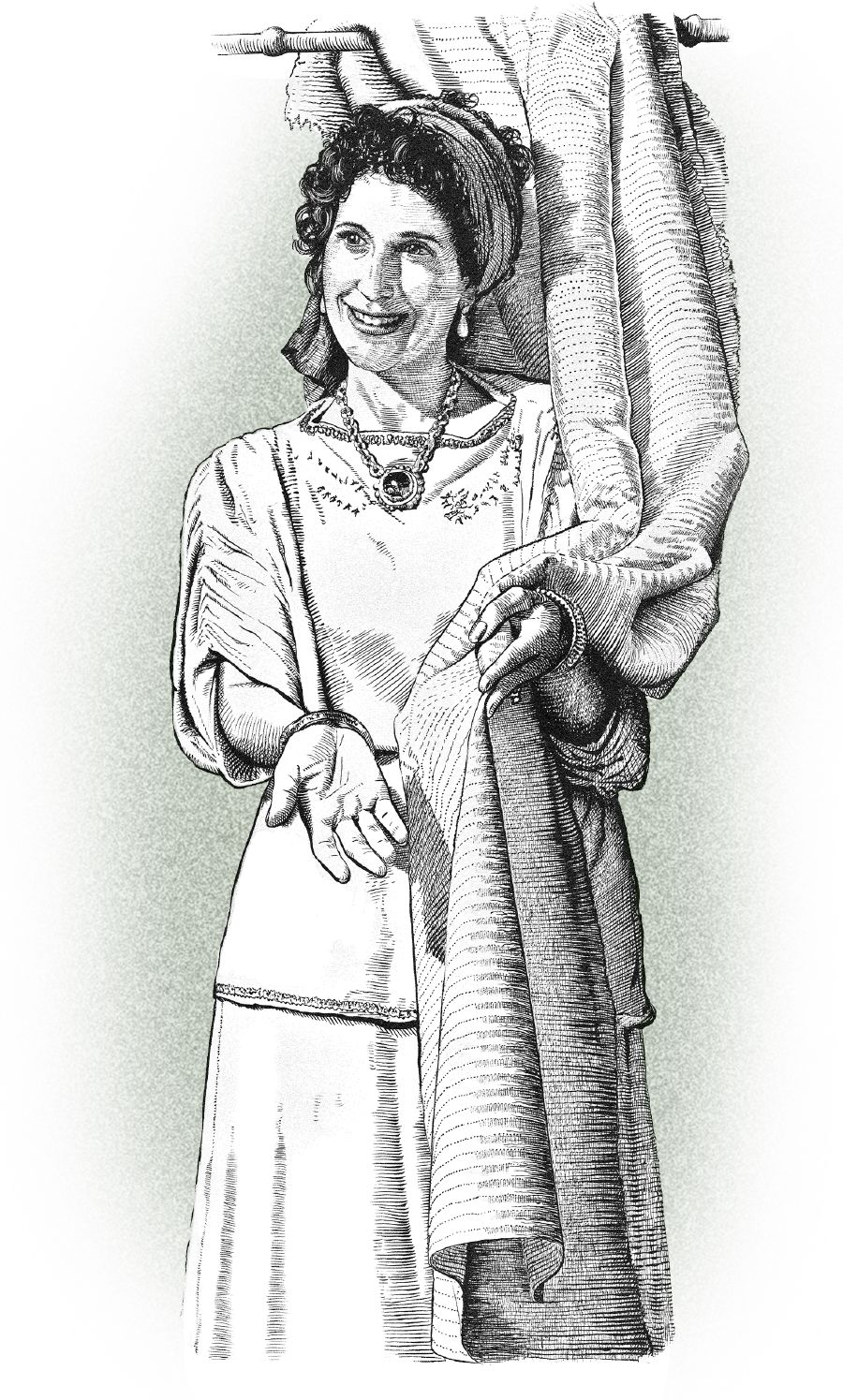 Lydia displaying a piece of fabric.