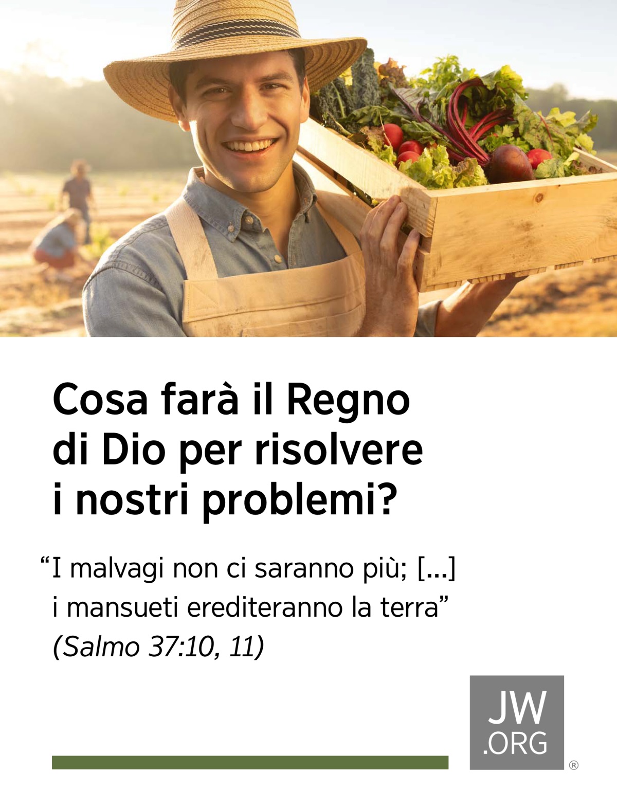 Un contadino felice porta sulla spalla una cassetta con degli ortaggi appena colti.