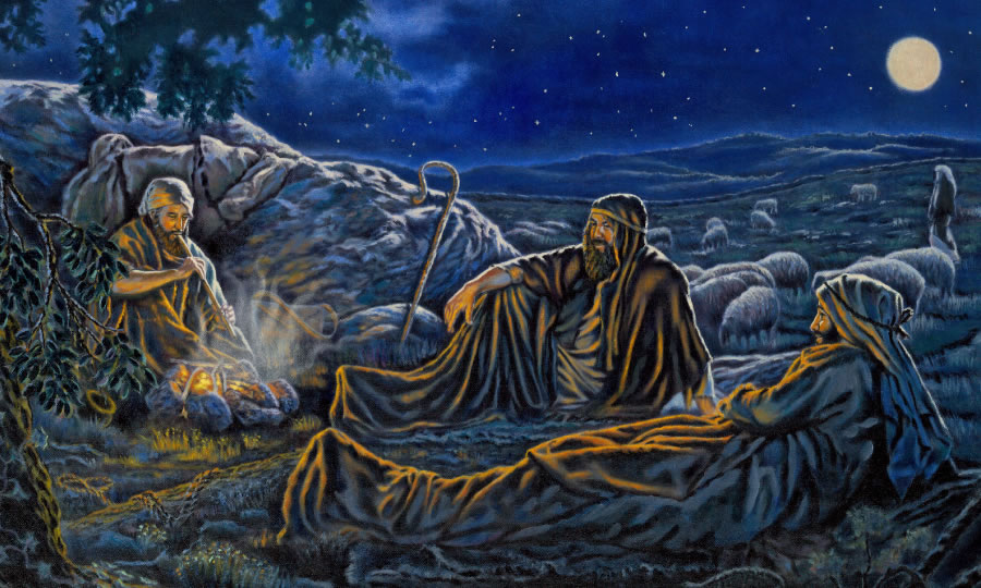 Pastori all’aperto di notte con i loro greggi vicino a Betleem