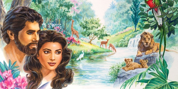 Adamo ed Eva nel giardino di Eden, circondati dagli animali