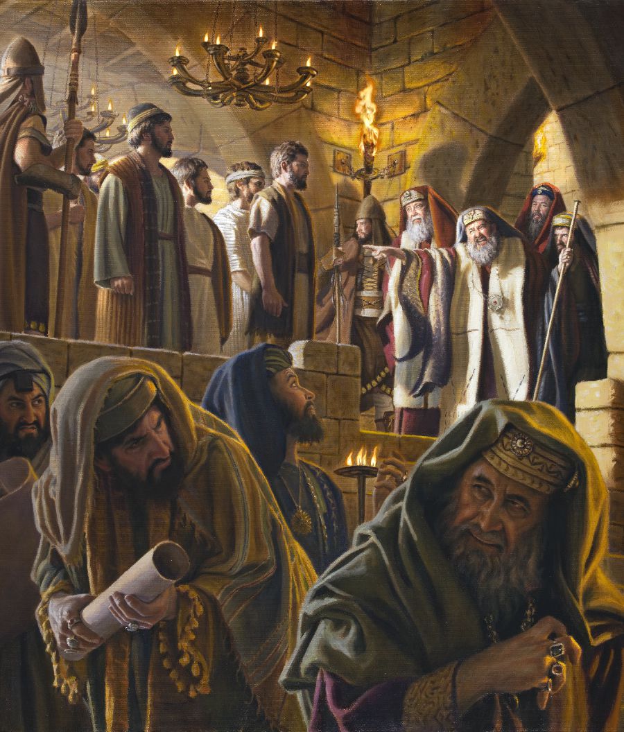 Caiafa accusa con veemenza gli apostoli mentre altri membri del Sinedrio osservano la scena.