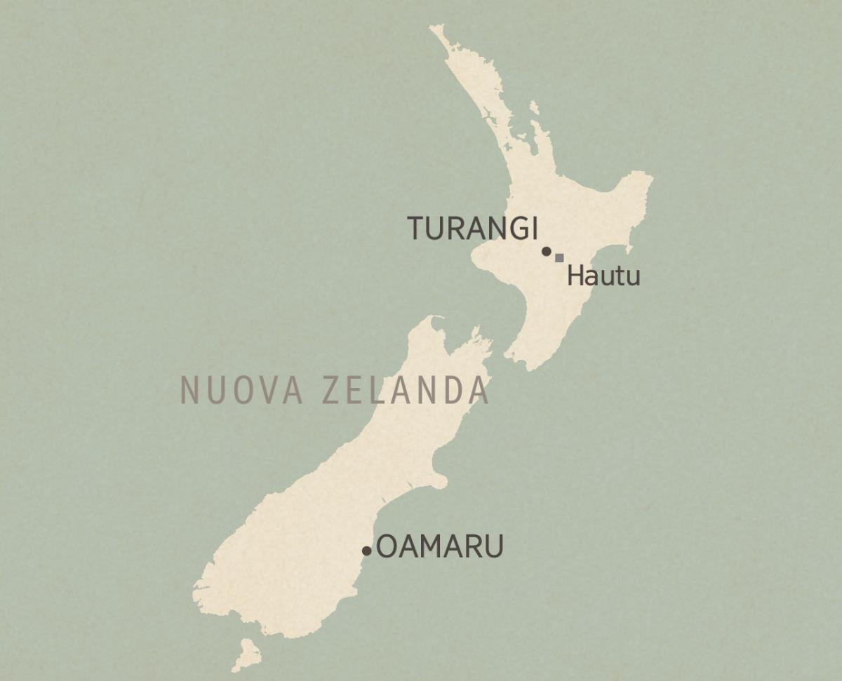 Mappa della Nuova Zelanda. Le località in evidenza da nord a sud sono Turangi, Hautu (un campo di prigionia) e Oamaru.