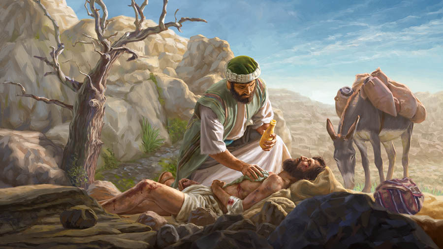Il buon samaritano della parabola di Gesù applica olio sulle ferite dell’uomo che era stato picchiato e lasciato mezzo morto su un lato della strada.
