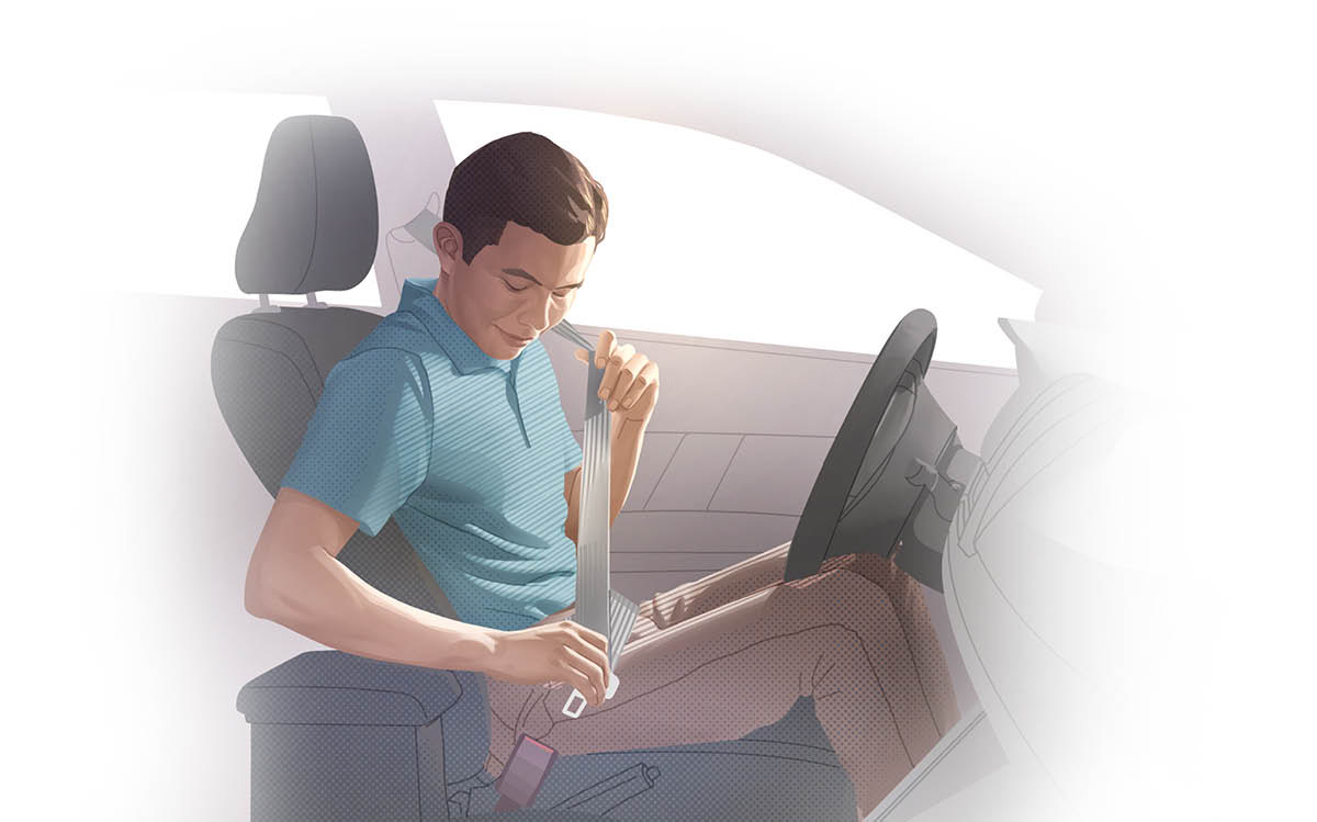 Un uomo in auto allaccia la cintura di sicurezza.